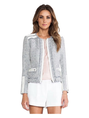 Rebecca Taylor Leather & Tweed Jacket in Shark Light Blue Grey White Women's S